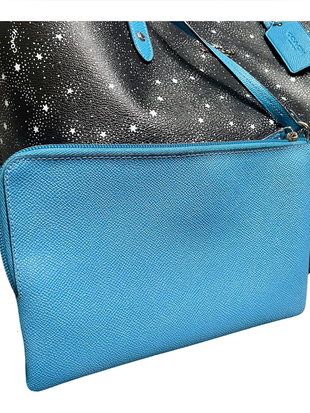 Coach Galaxy Black Star Print & Blue Reversible City Tote w/ Removable Zip Pouch - Picture 10 of 10